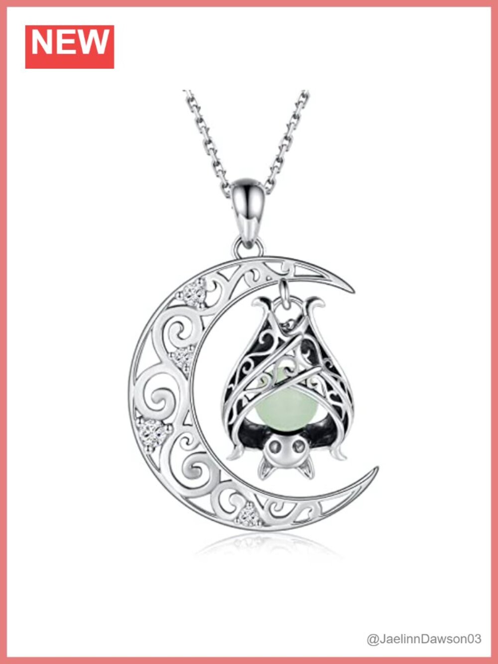 925 Sterling Silver Bat Moon Pendant Necklace Glow in Dark Halloween Jewelry
